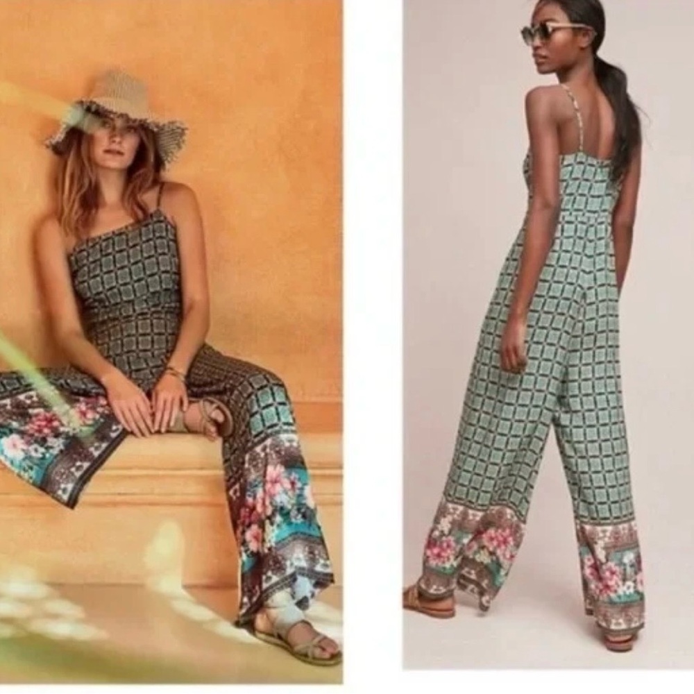 Farm Rio Honolulu Wide Leg Pant Jumpsuit with green and white geometric print. S - Picture 2 of 8